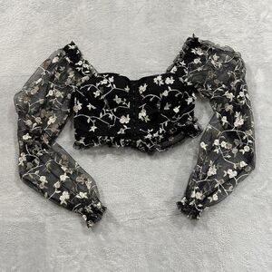 Cosmic Aura Top Sheer Sleeve Cropped Corset Top Women Medium‎ Black Floral